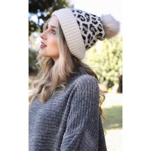 Cream Leopard Knit Pom Beanie Hat